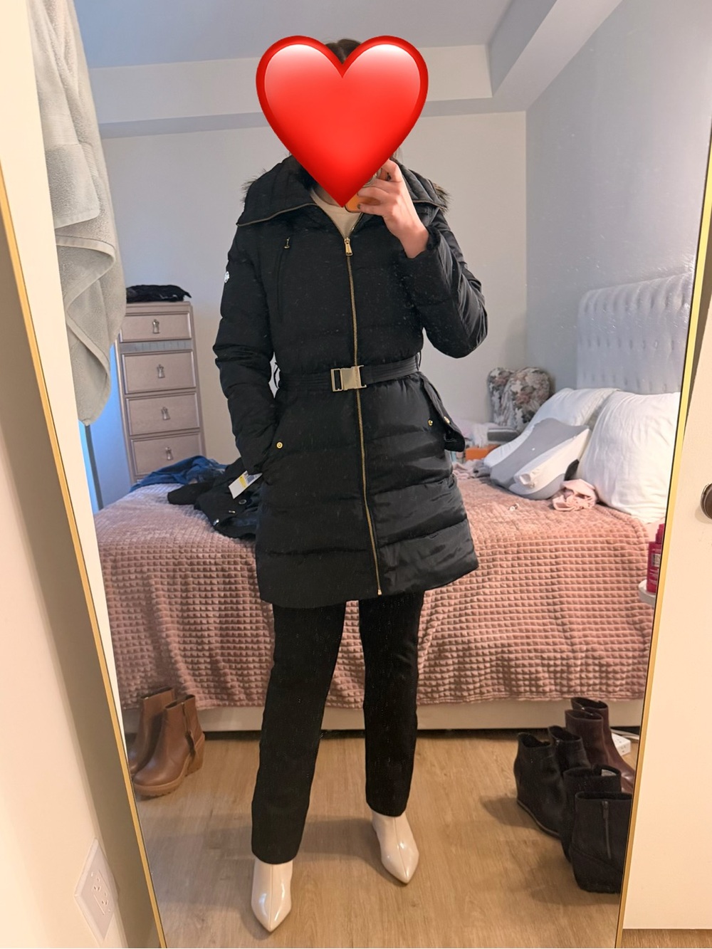 NWT Michael Kors Puffer Coat + Belt, Faux Fur Hood. Cinch Waist. Midnight Blue. - Picture 5 of 13